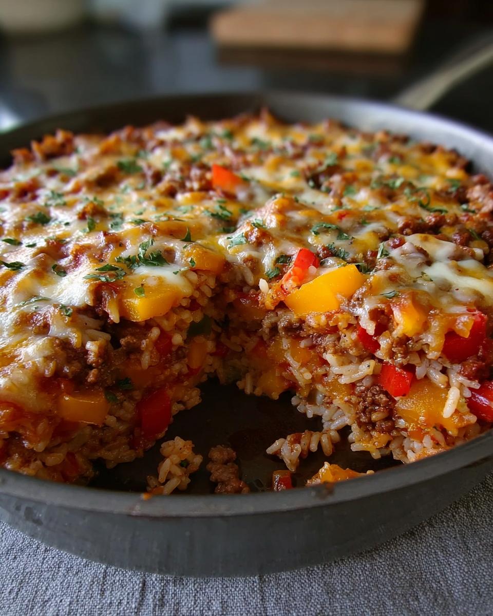 A close-up of Stuffed Pepper Casserole baked in a skillet, topped with melted cheese and parsley.