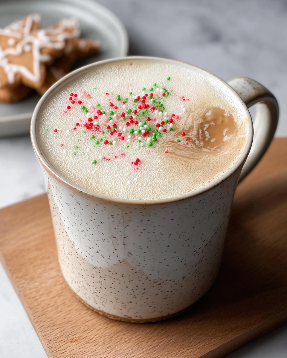 A festive Sugar Cookie Latte at Home in a speckled mug, topped with red, green, and white holiday sprinkles.