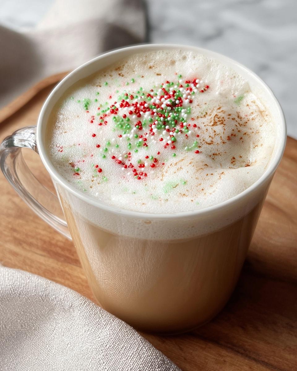 Close-up of a Sugar Cookie Latte at Home topped with white, red, and green holiday sprinkles.