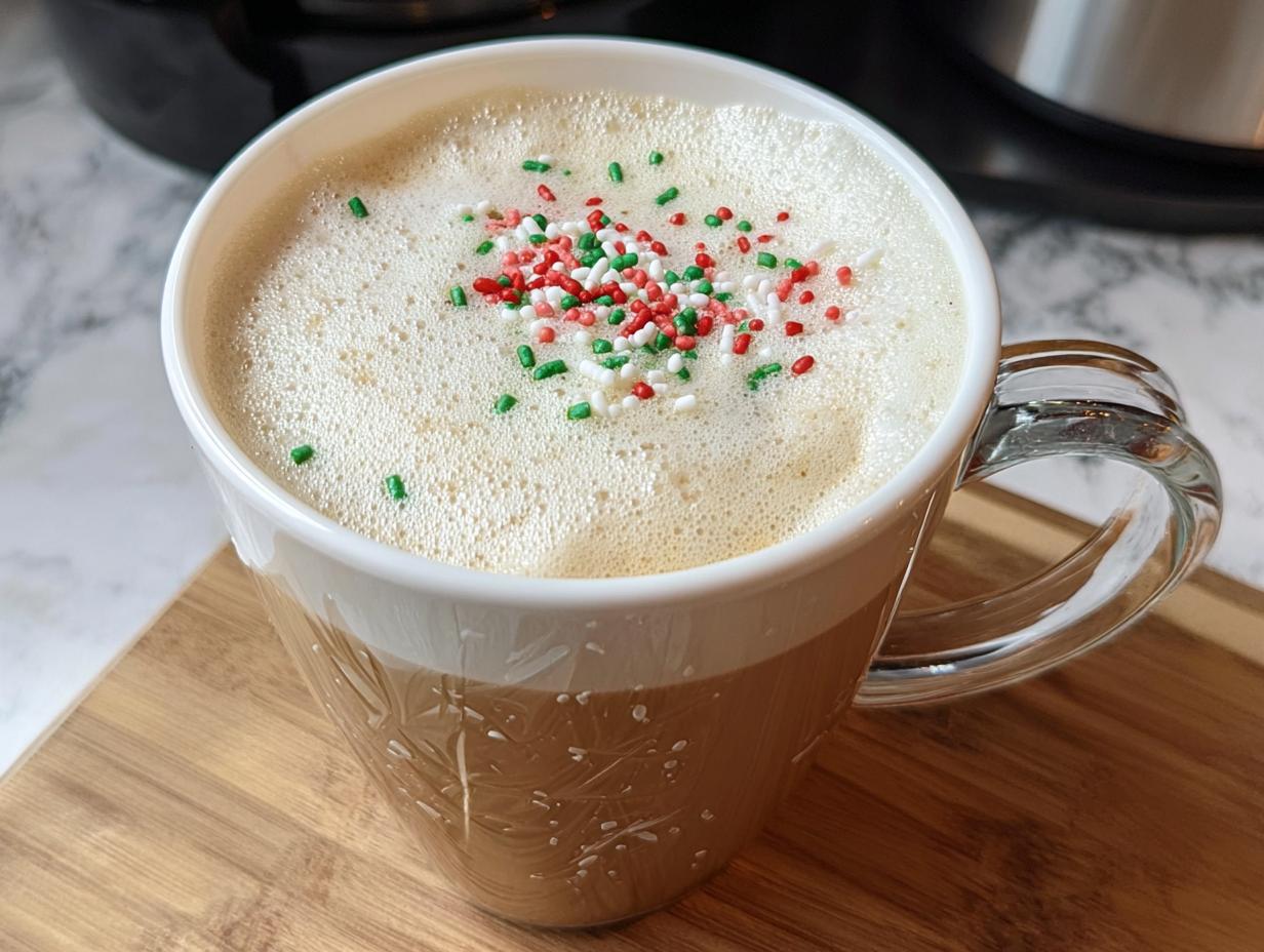 A festive Sugar Cookie Latte at Home in a clear mug, topped with thick foam and red, white, and green holiday sprinkles.