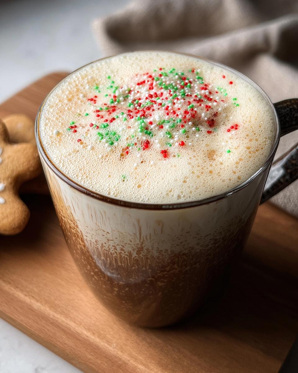 Close-up of a Sugar Cookie Latte at Home topped with festive red, green, and white sprinkles.