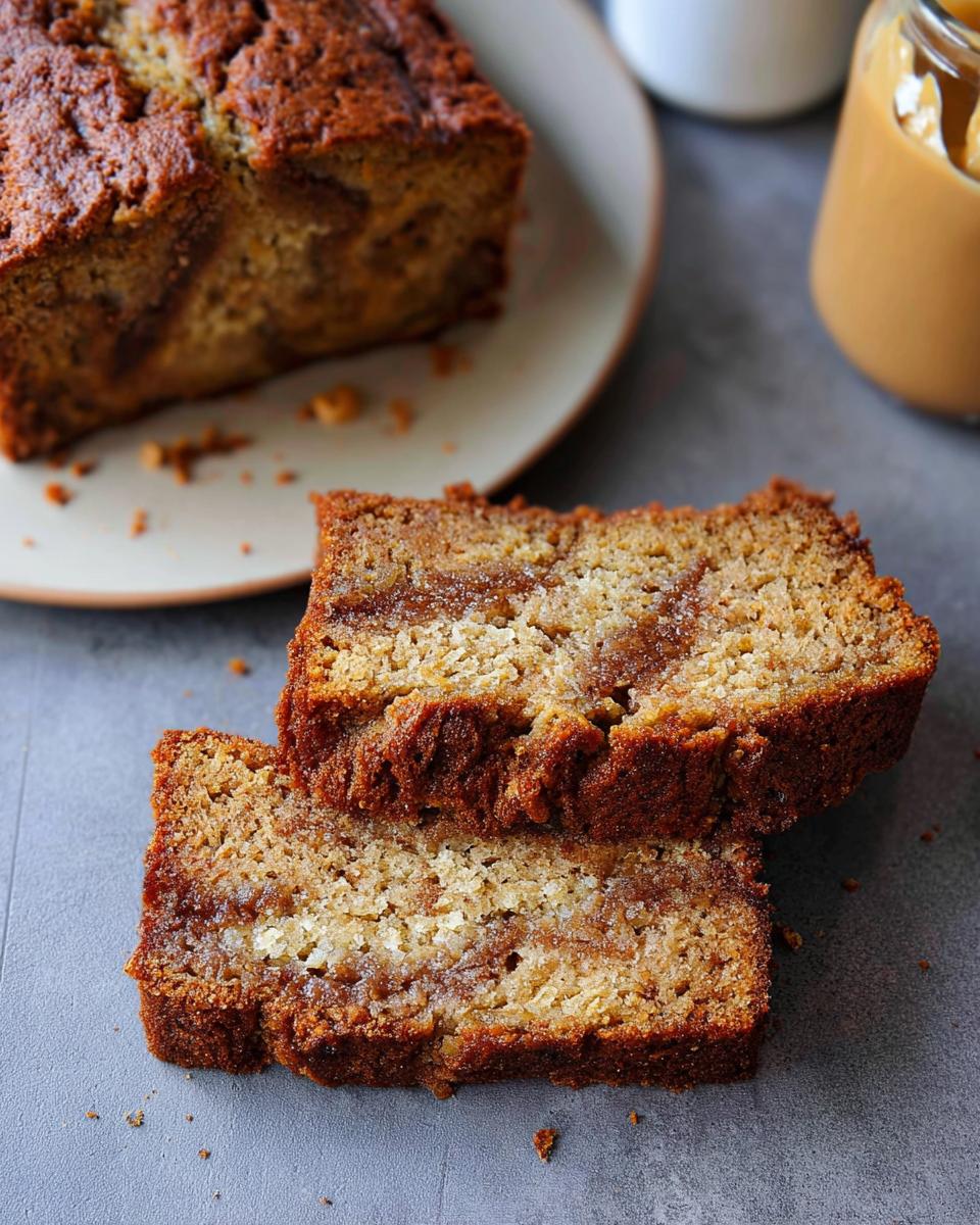 Two slices of moist Peanut Butter Banana Bread stacked, showing a rich peanut butter swirl throughout the crumb.