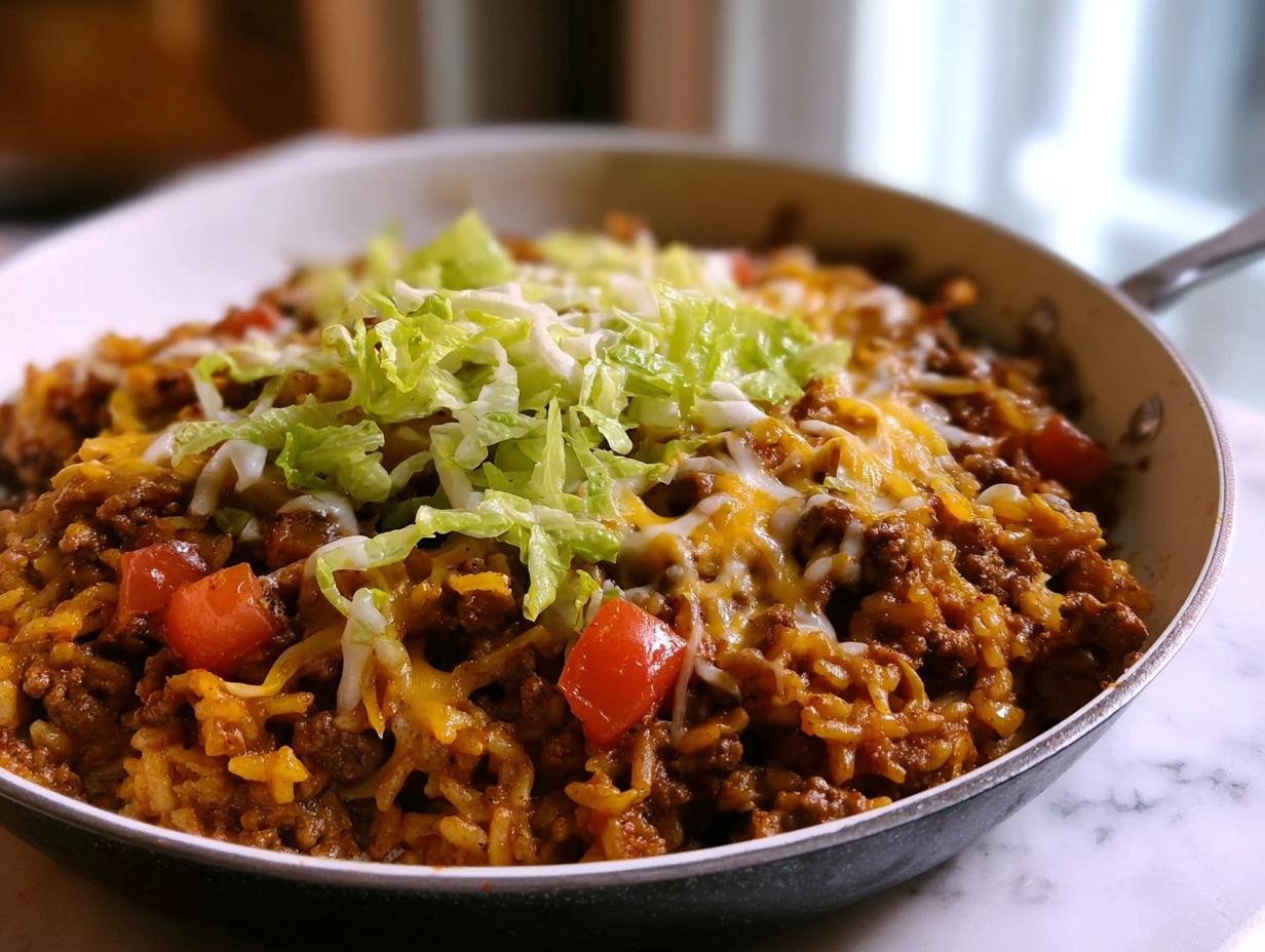 A close-up of a finished Taco Skillet (15 Minutes) topped with melted cheese, diced tomatoes, and shredded lettuce in a black skillet.
