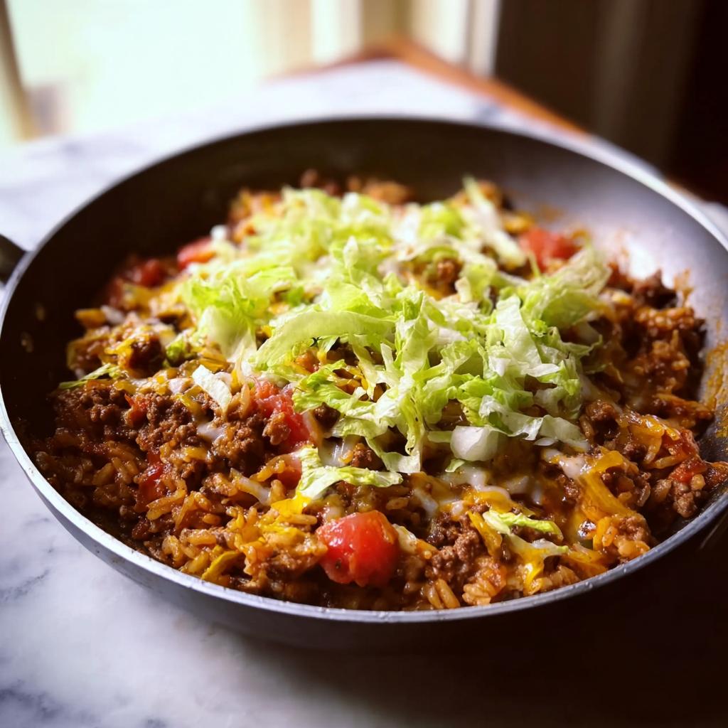 A close-up of a finished Taco Skillet with ground beef, rice, melted cheese, and shredded lettuce topping.