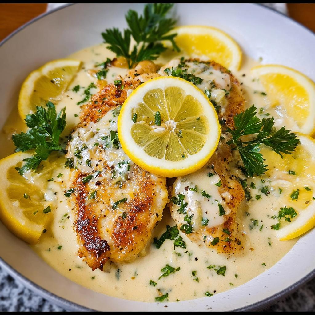 Close-up of pan-seared chicken breasts covered in a creamy sauce, garnished with parsley and fresh lemon slices for the Tangy Creamy Lemon Chicken Recipe.