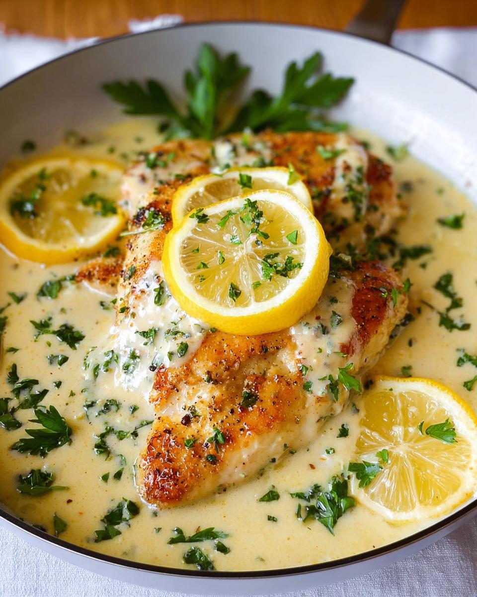 Close-up of seared chicken breast covered in a tangy creamy lemon sauce, garnished with fresh parsley and lemon slices.