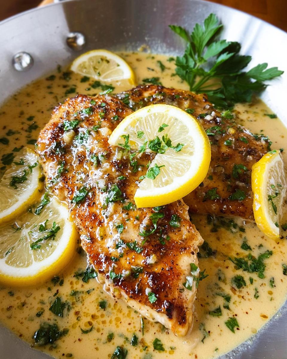 Two seared chicken breasts smothered in a tangy creamy lemon sauce, garnished with lemon slices and parsley.