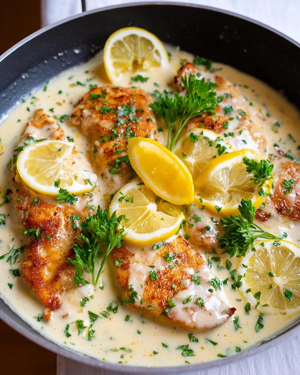 Close-up of seared chicken breasts smothered in a creamy sauce, garnished with lemon slices and parsley for Tangy Creamy Lemon Chicken Recipe.