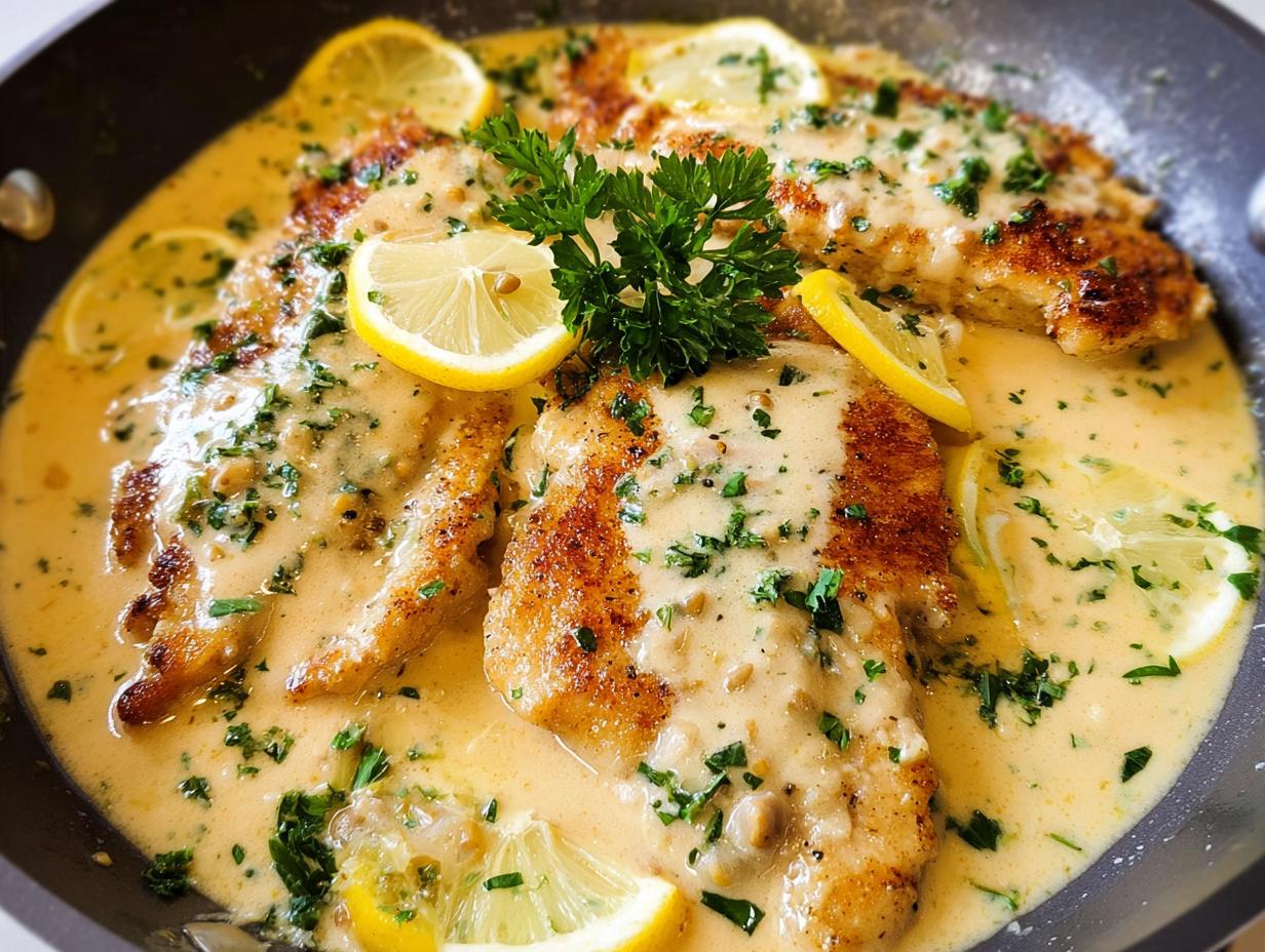 Close-up of golden seared chicken breasts smothered in a Tangy Creamy Lemon Chicken Recipe sauce, garnished with lemon slices and parsley.