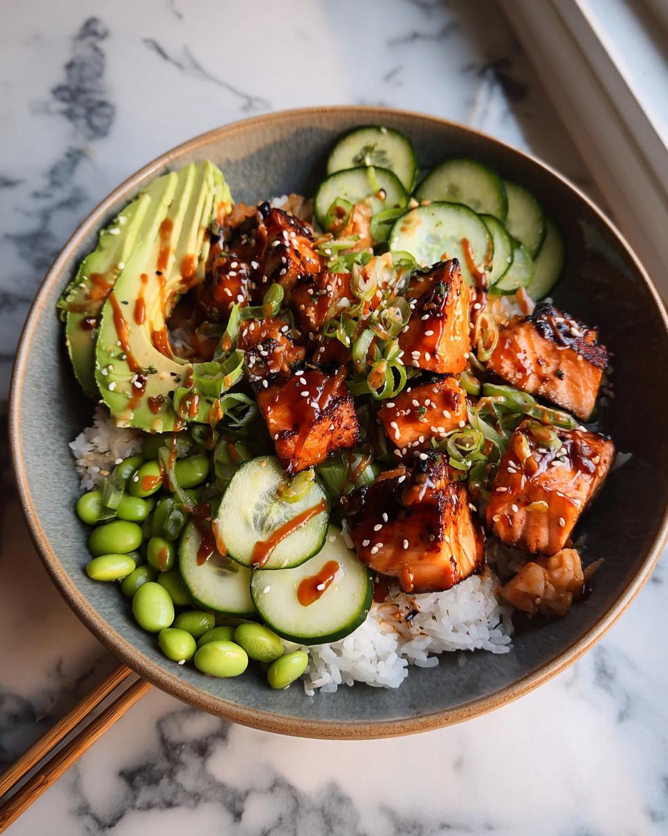 Close-up of a Teriyaki Salmon Bowls featuring glazed salmon chunks, avocado, edamame, and cucumber over rice.