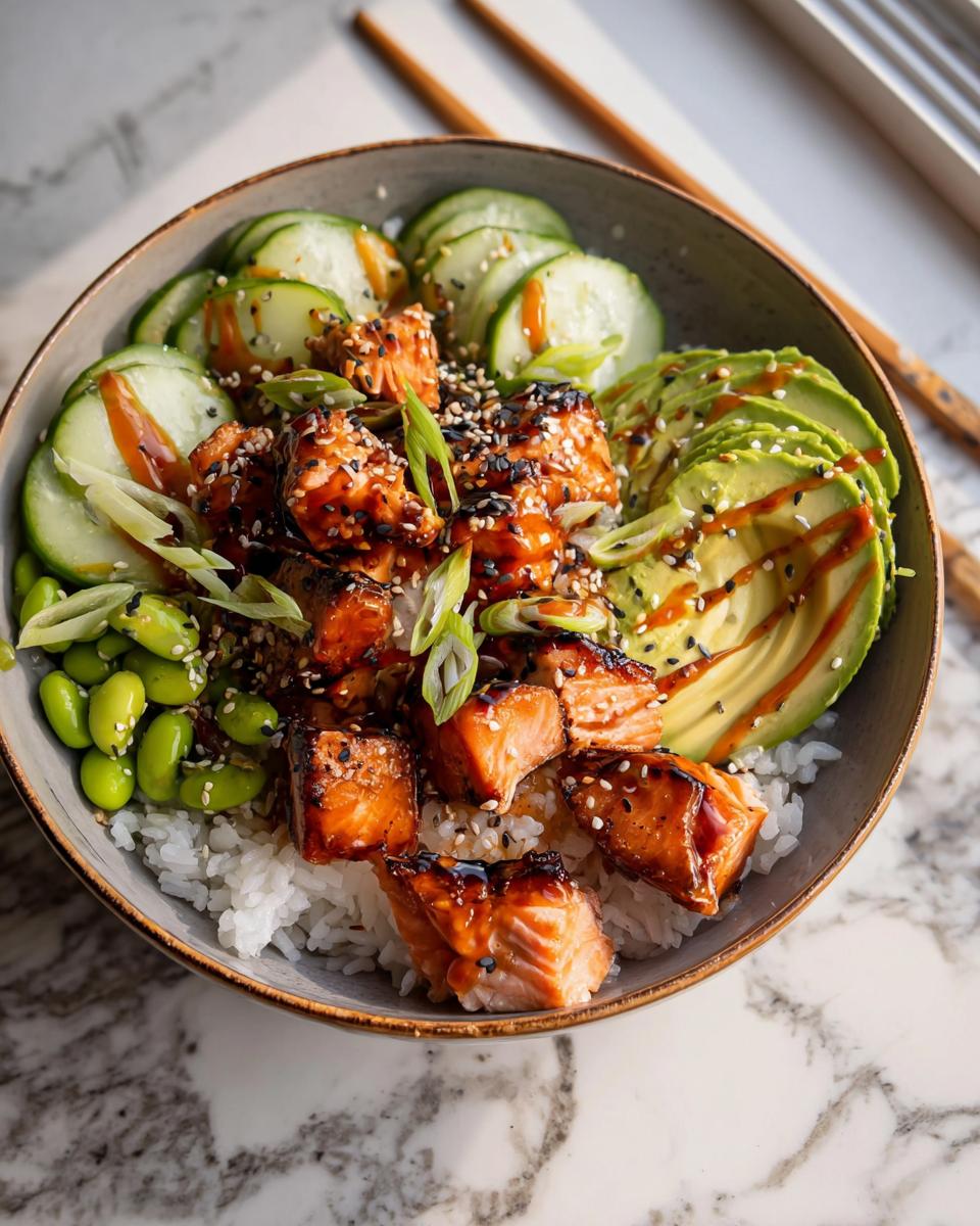Close-up of a Teriyaki Salmon Bowls featuring glazed salmon chunks over rice, topped with sliced avocado, cucumber, and edamame.