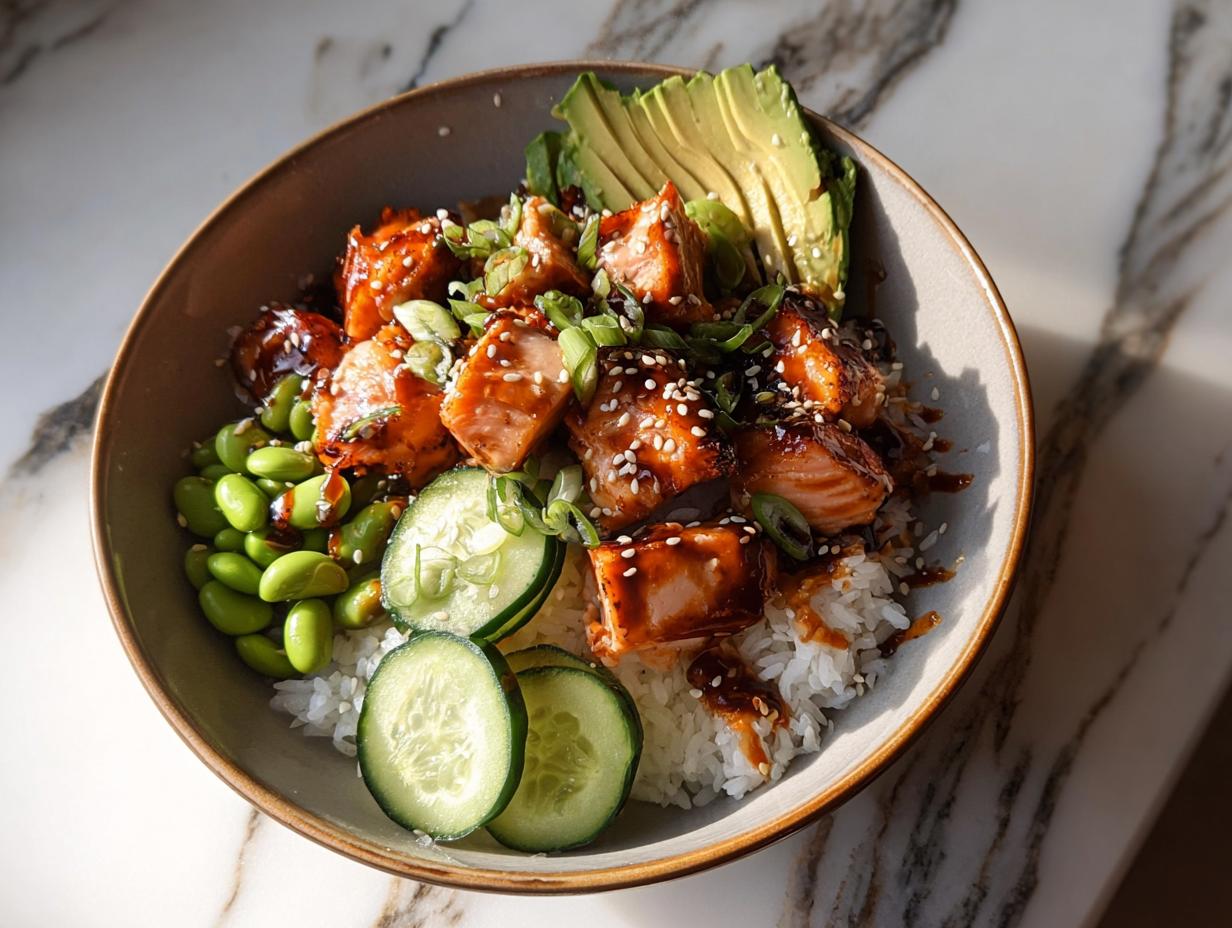 A close-up of a Teriyaki Salmon Bowls featuring glazed salmon chunks over rice, topped with edamame, cucumber slices, and avocado.