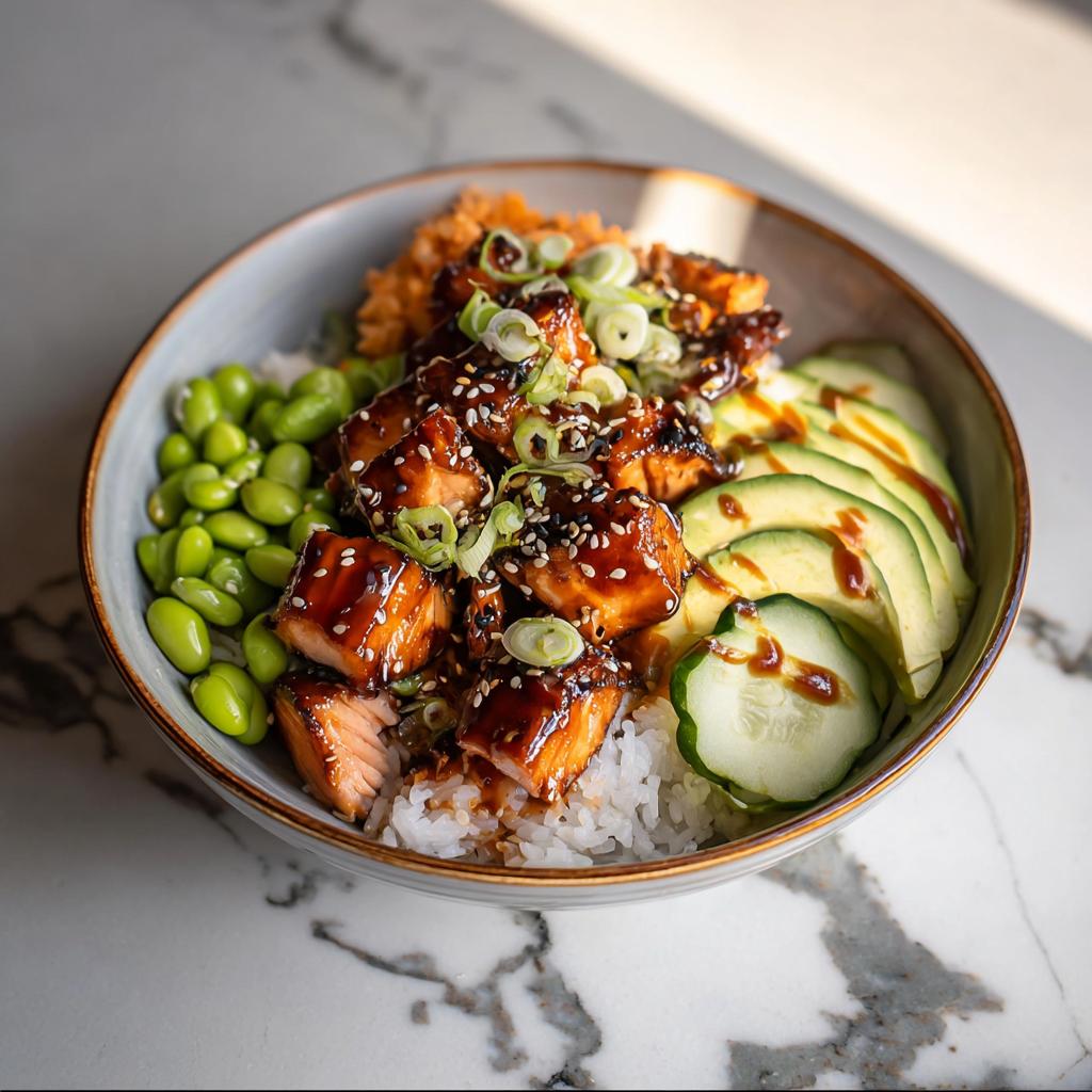 Close-up of Teriyaki Salmon Bowls featuring glazed salmon chunks over rice with avocado, edamame, and scallions.