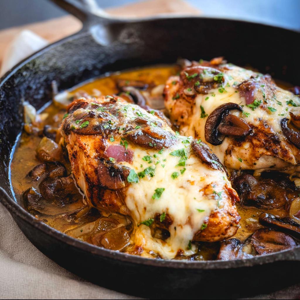Close-up of two chicken breasts in a cast iron skillet, topped with melted cheese, mushrooms, and herbs. This is the Texas Roadhouse Butter Chicken Skillet.