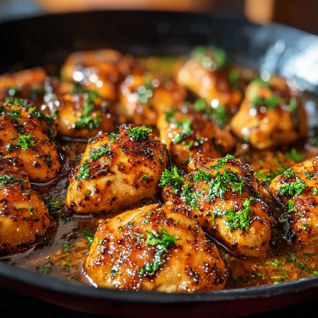 Close-up of seasoned chicken pieces simmering in a rich sauce in a skillet, part of the Texas Roadhouse Butter Chicken Skillet recipe.
