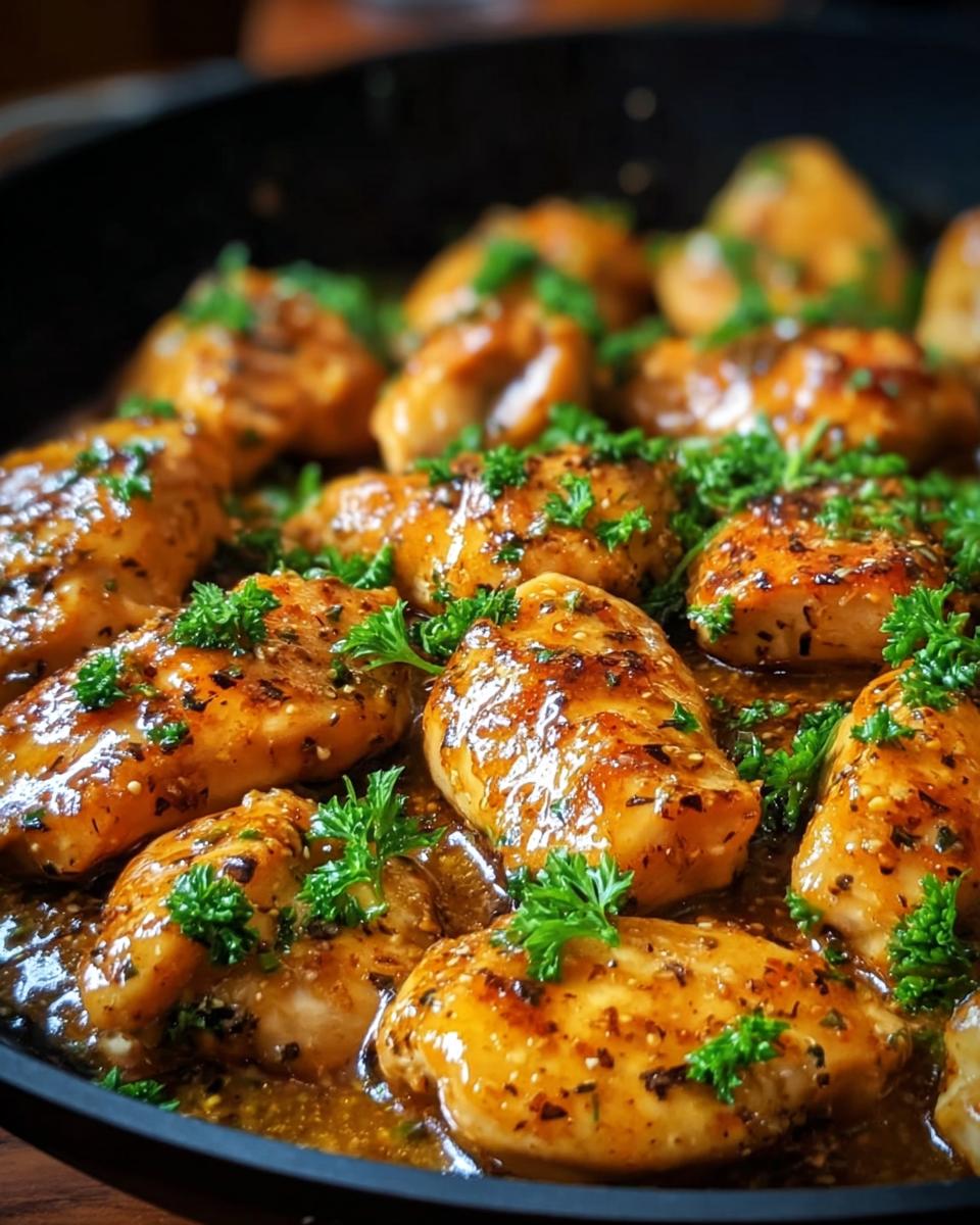 Close-up of glazed chicken pieces cooking in a skillet, garnished with fresh parsley, resembling Texas Roadhouse Butter Chicken Skillet.