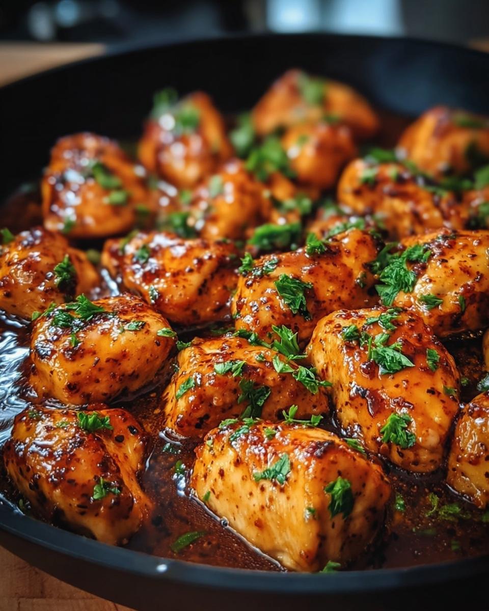 Close-up of glazed chicken pieces simmering in a dark sauce, garnished with fresh parsley, ready for Texas Roadhouse Butter Chicken Skillet.