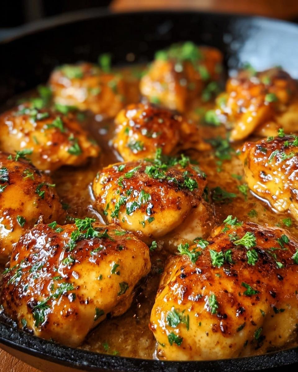 Close-up of glazed chicken pieces simmering in sauce, garnished with parsley, inspired by Texas Roadhouse Butter Chicken Skillet.