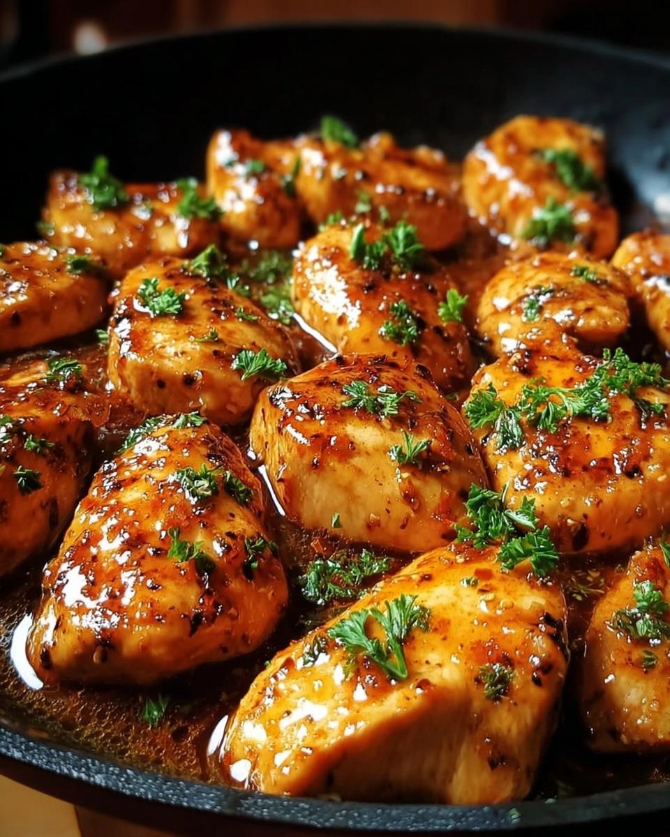 Close-up of glazed chicken breasts cooking in a skillet, garnished with fresh parsley for Texas Roadhouse Butter Chicken Skillet.