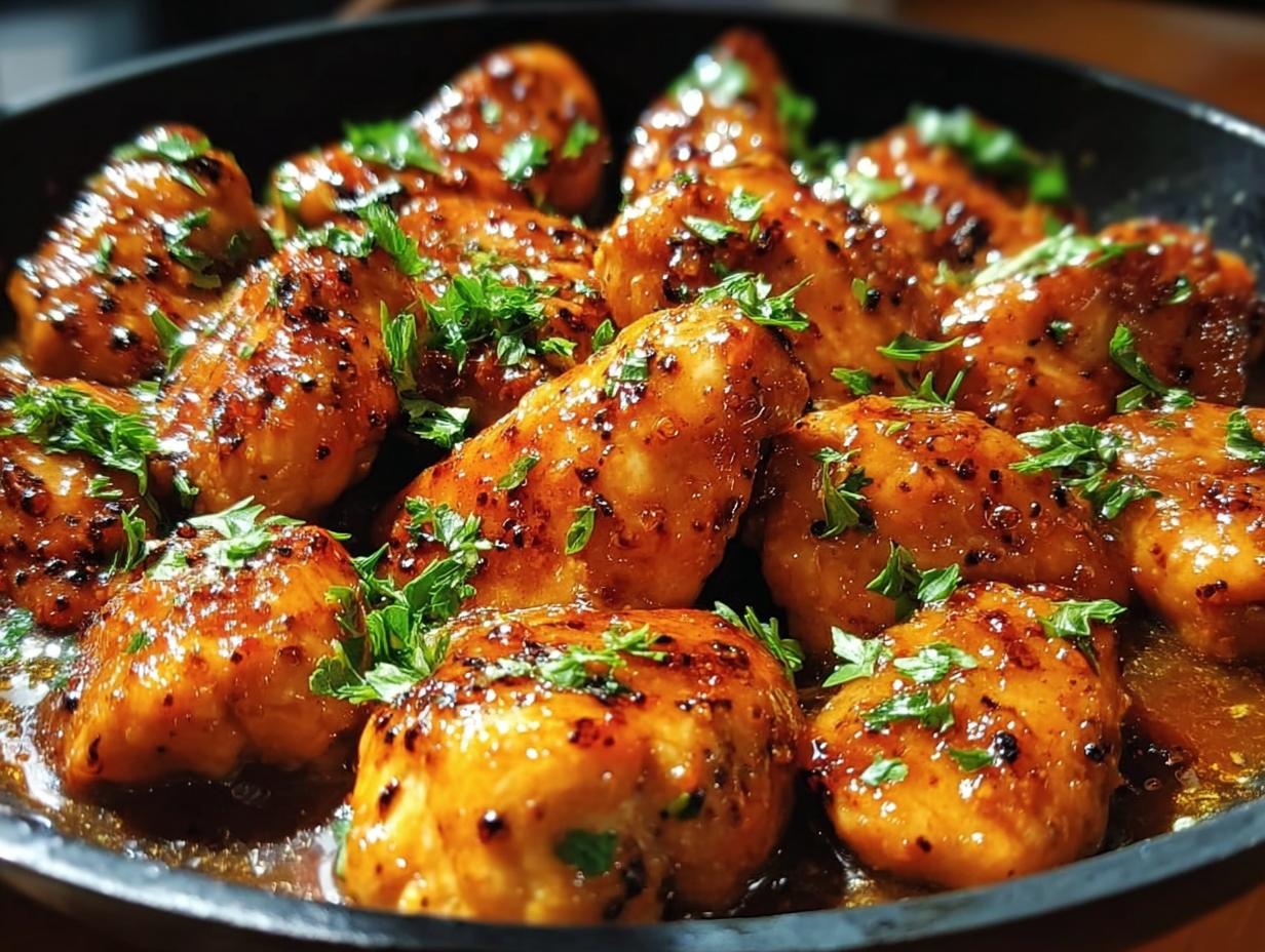 Close-up of glazed chicken pieces in a skillet, garnished with fresh parsley, ready for Texas Roadhouse Butter Chicken Skillet.