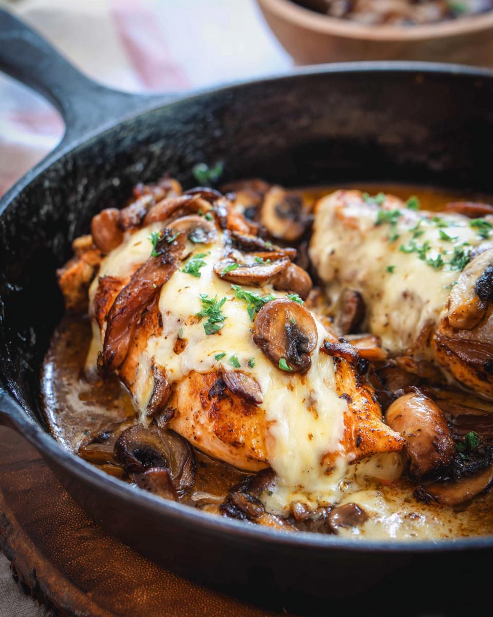 Close-up of Texas Roadhouse Butter Chicken Skillet with melted cheese and mushrooms.