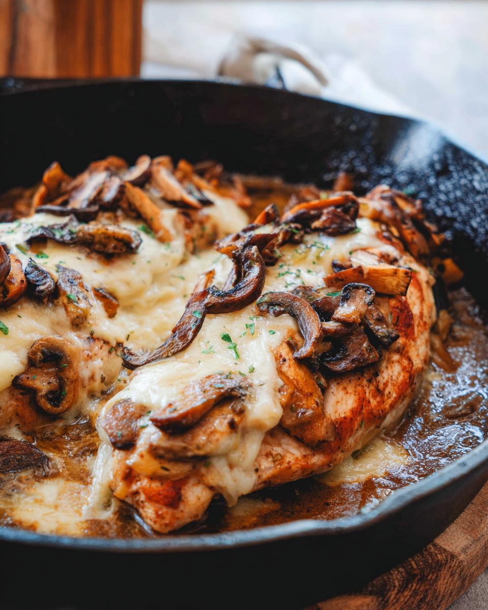 Close-up of Texas Roadhouse Butter Chicken Skillet, featuring chicken breasts topped with melted cheese and sautéed mushrooms.