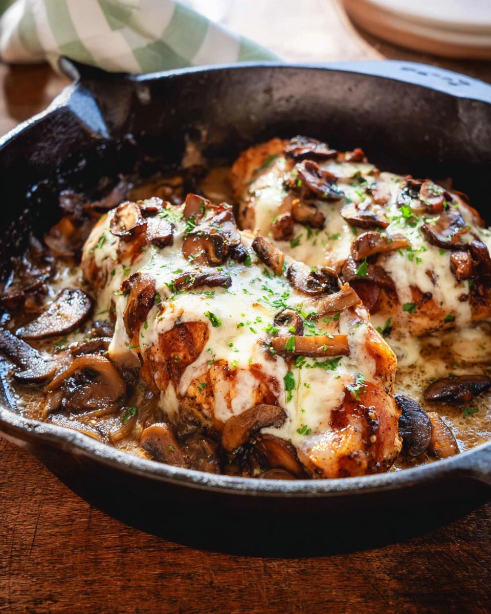 Close-up of Texas Roadhouse Butter Chicken Skillet topped with melted cheese and mushrooms.