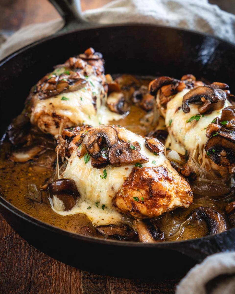 Close-up of Texas Roadhouse Butter Chicken Skillet with melted cheese and mushrooms.