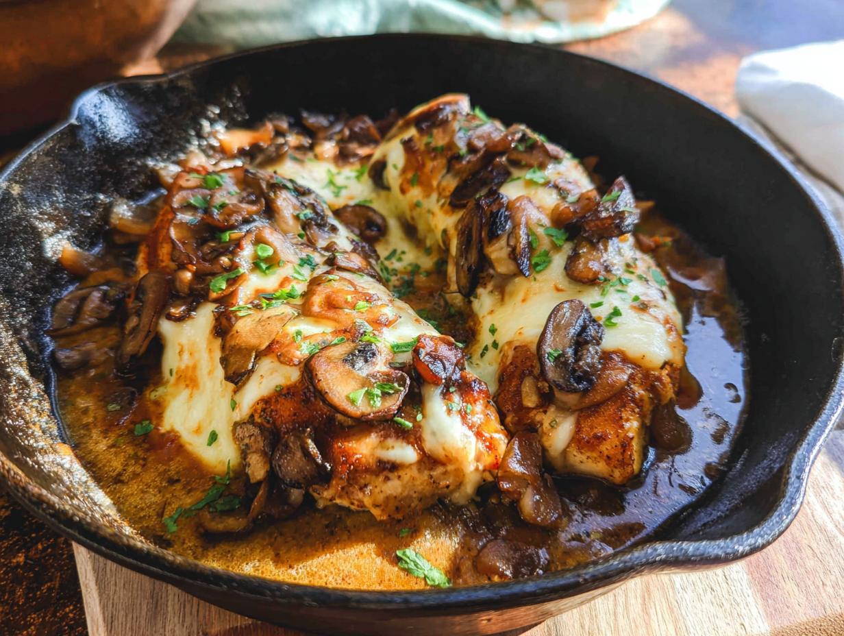 Close-up of Texas Roadhouse Butter Chicken Skillet, featuring chicken breasts topped with melted cheese and sautéed mushrooms.