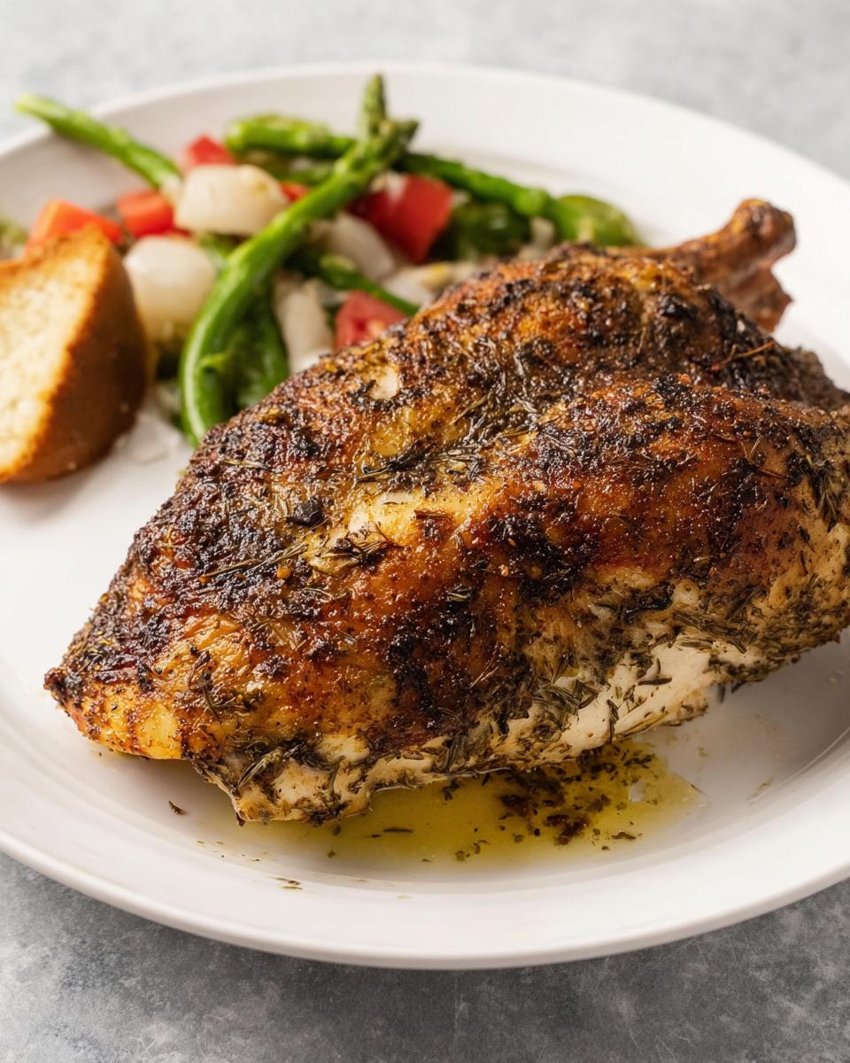 Close-up of perfectly seasoned, roasted chicken breast, similar to Texas Roadhouse Chicken at Home, served with vegetables.