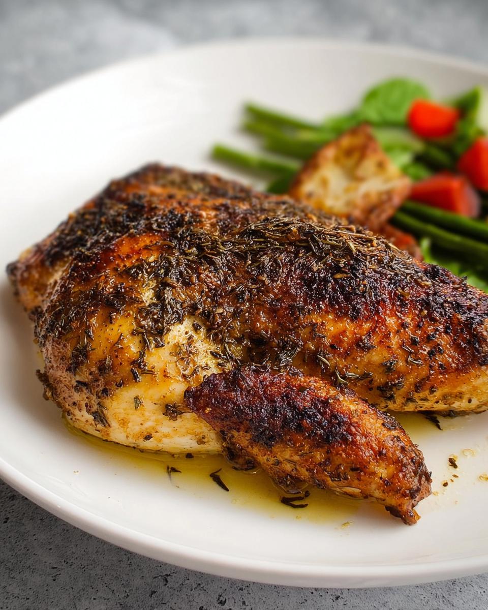 A perfectly cooked piece of Texas Roadhouse Chicken at home, seasoned with herbs and resting in its juices.
