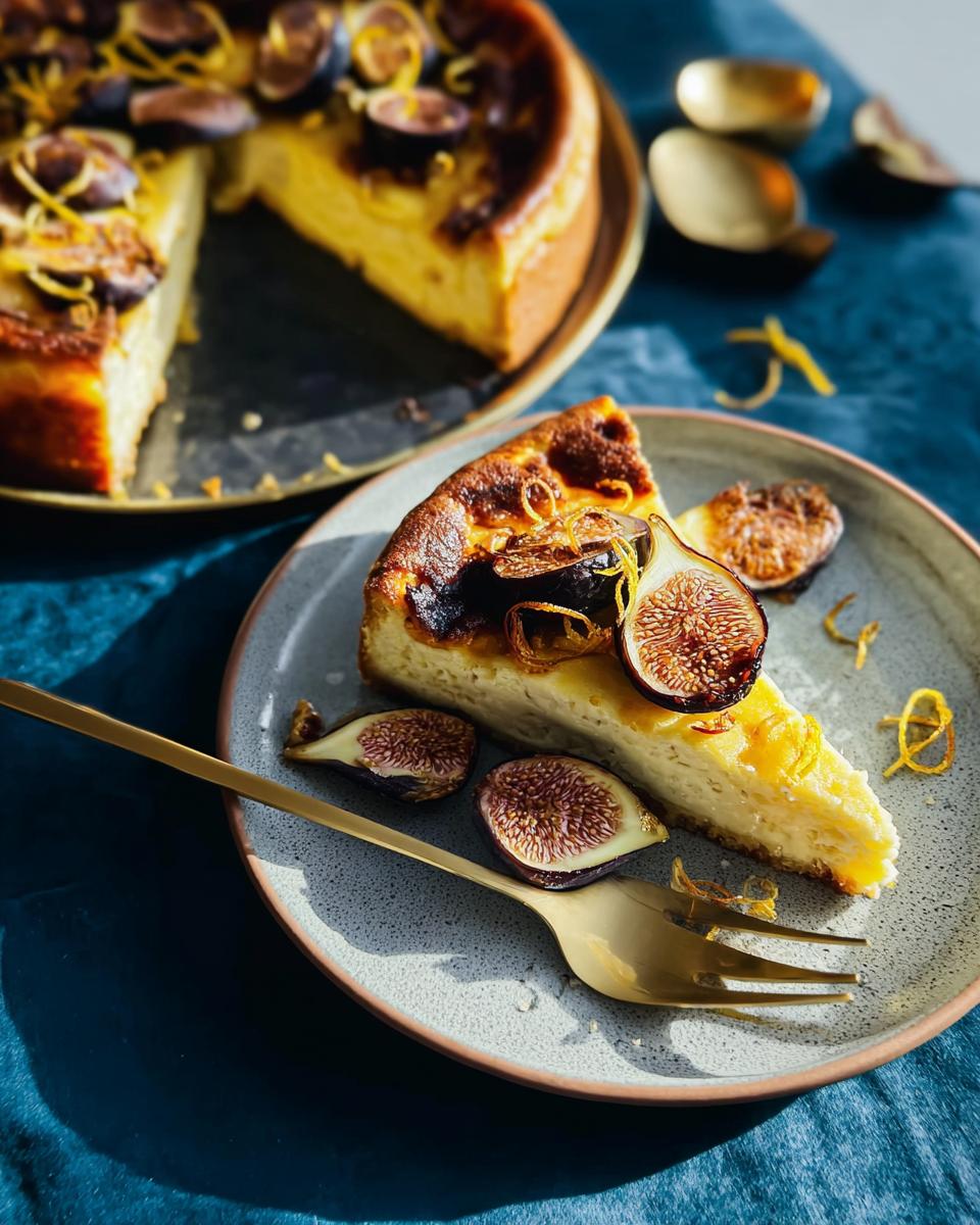 A slice of creamy cheesecake topped with fresh figs and lemon zest, part of an Ultimate Thanksgiving Desserts Guide.