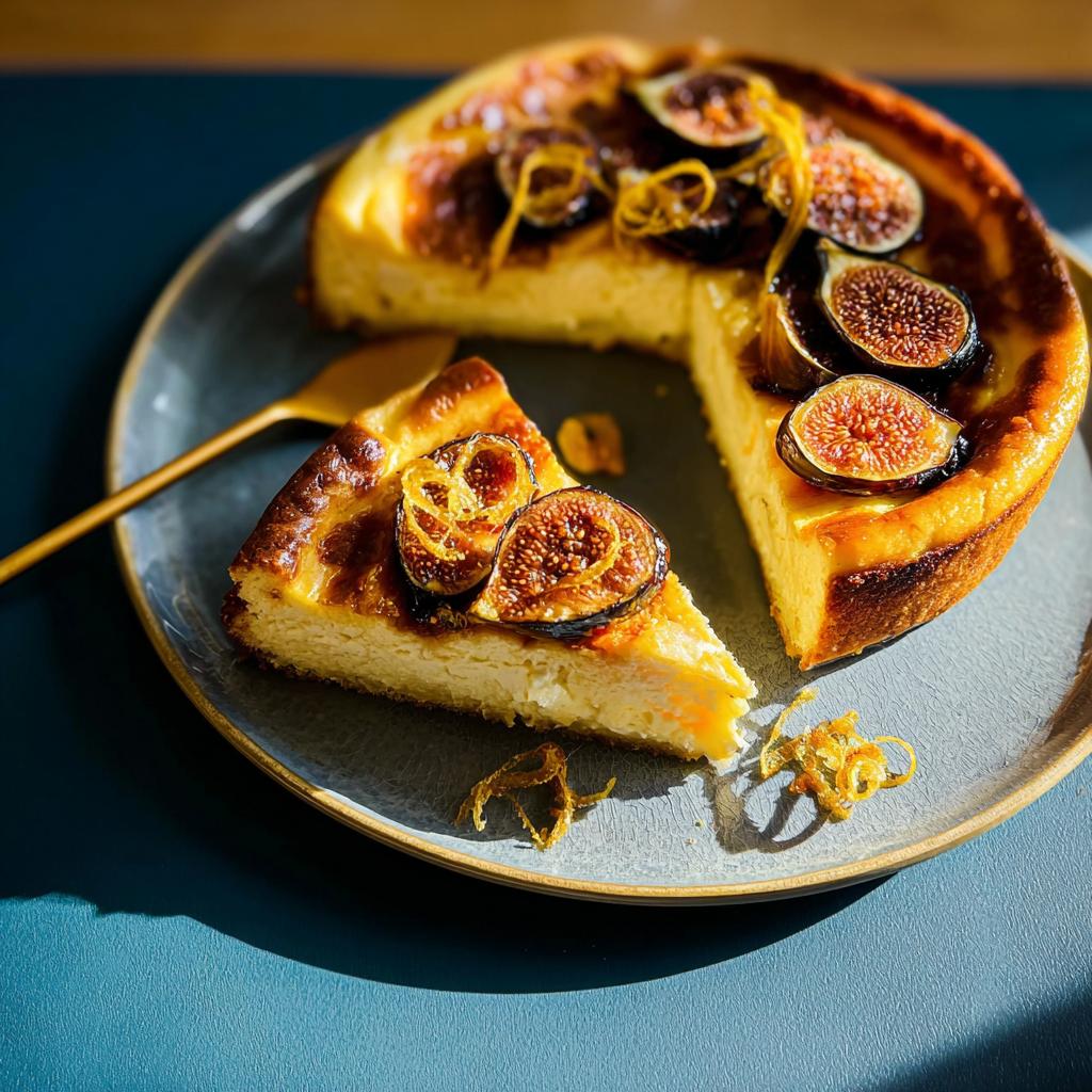 A slice of creamy cheesecake topped with fresh figs and orange zest, perfect for Thanksgiving desserts.