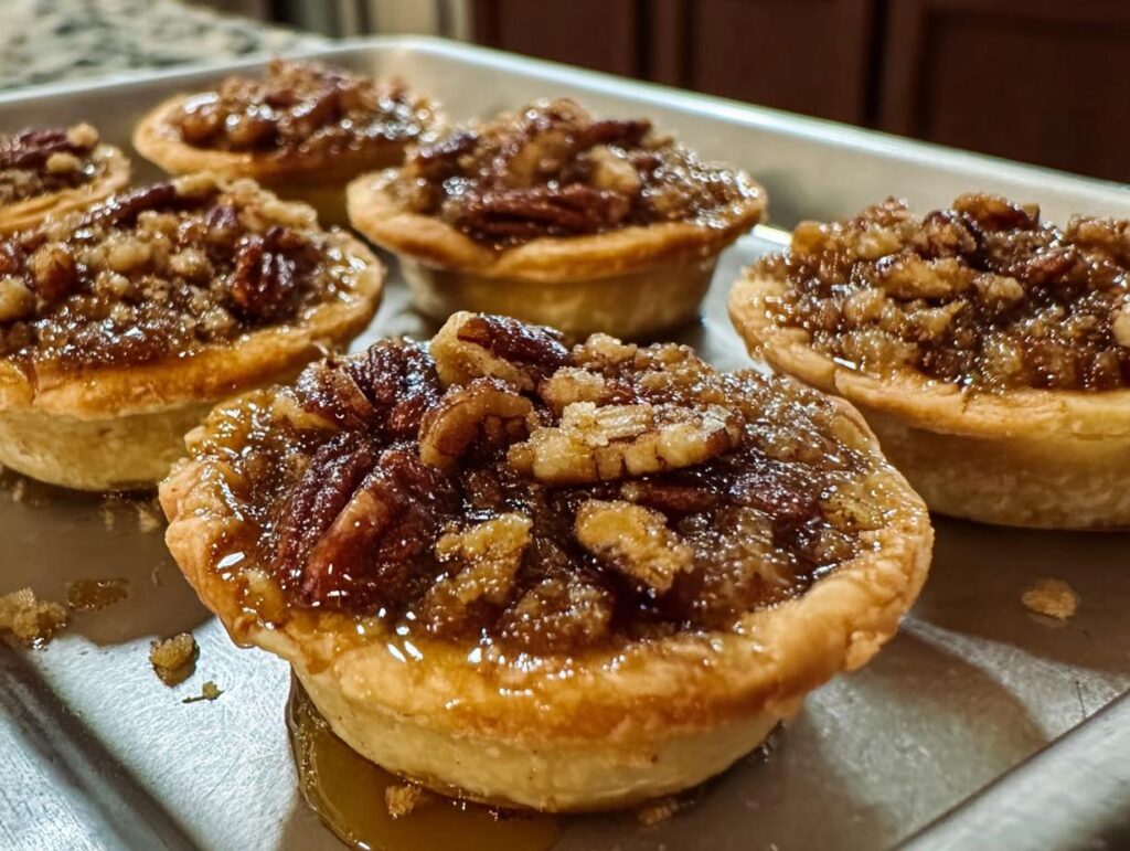 Close-up of mini pecan pies, a perfect quick Thanksgiving dessert, on a baking sheet with gooey filling and pecans.