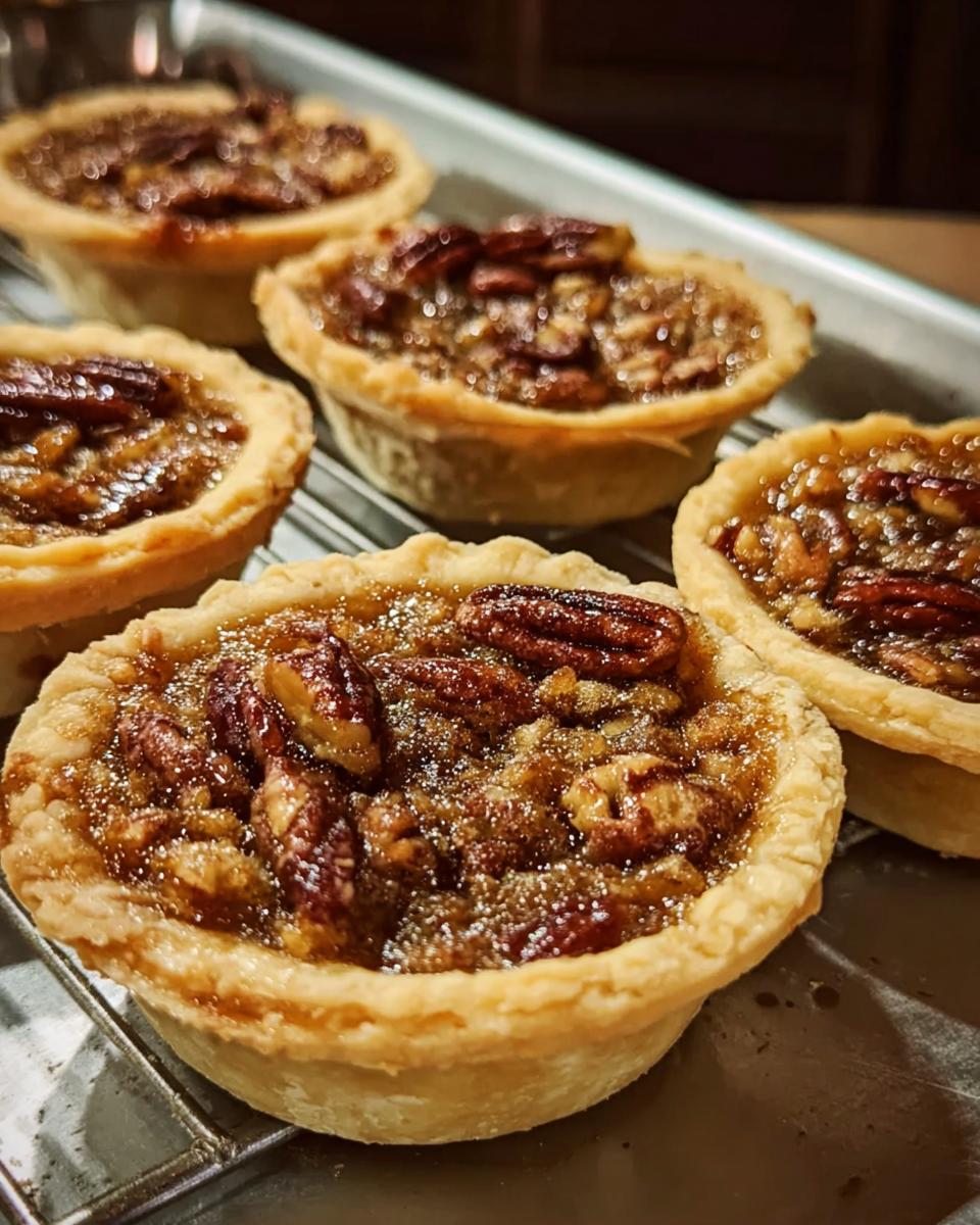 Close-up of mini pecan tarts, perfect for quick Thanksgiving desserts, with flaky crusts and a rich pecan filling.