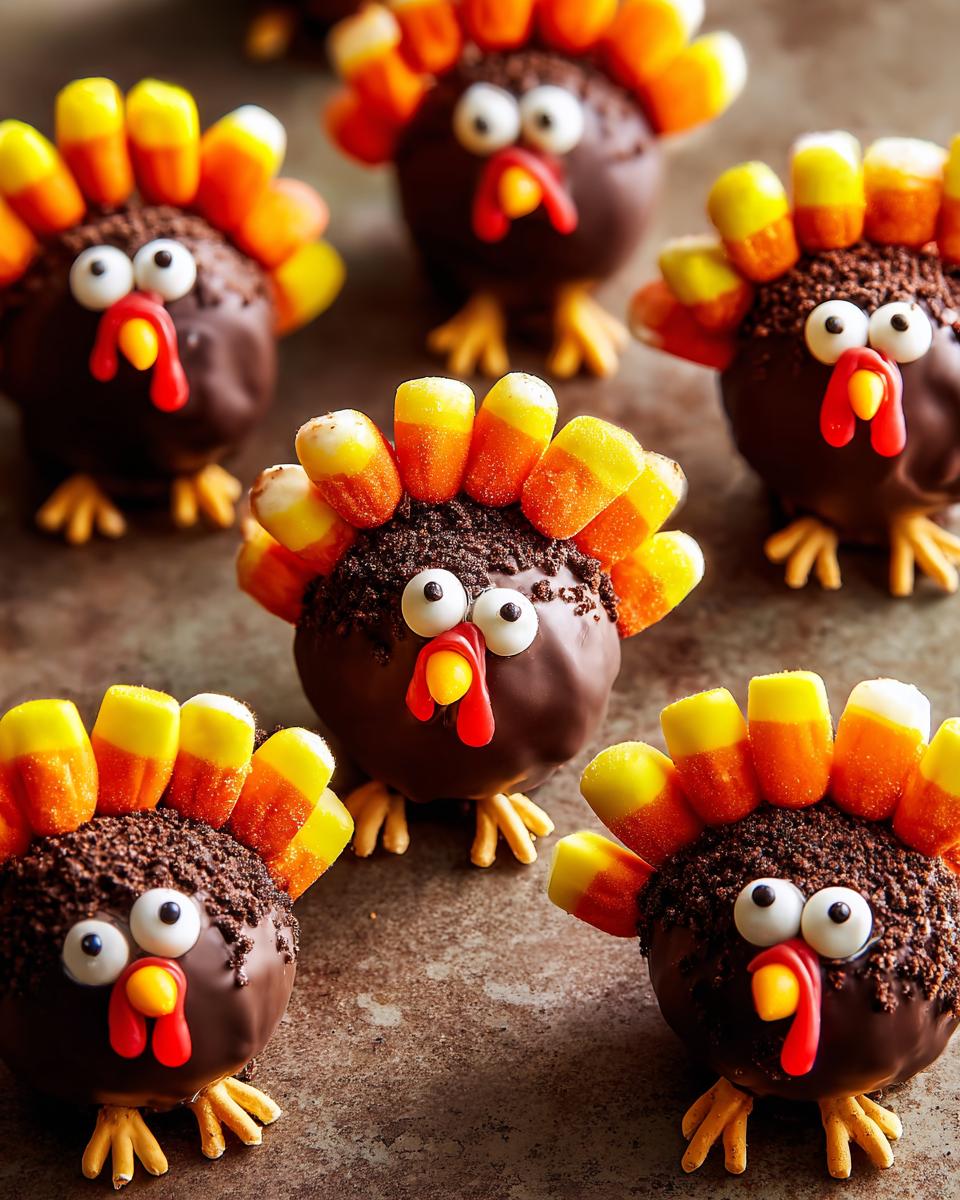 Adorable chocolate-covered turkey treats decorated with candy corn feathers, perfect for Thanksgiving desserts.