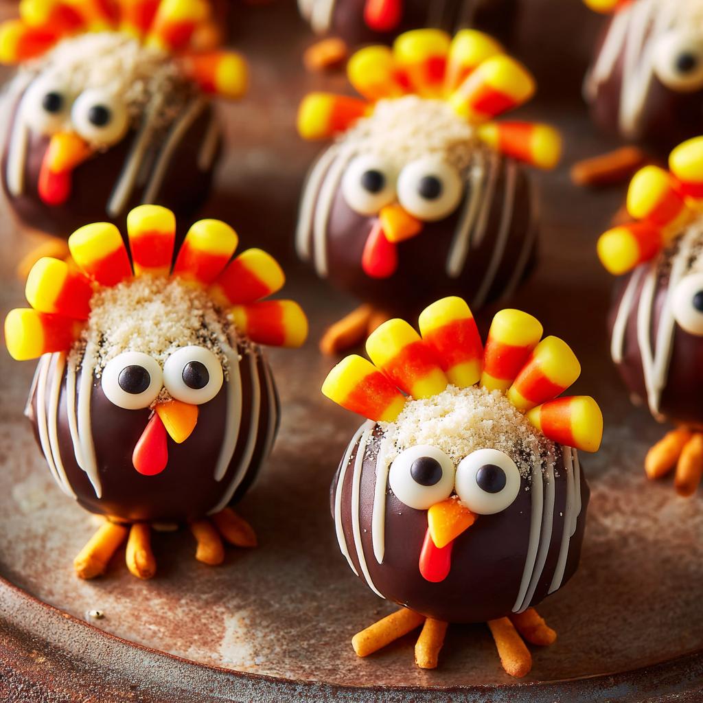 Close-up of adorable chocolate turkey truffles decorated with candy corn feathers, candy eyes, and pretzel legs, perfect for Thanksgiving desserts.