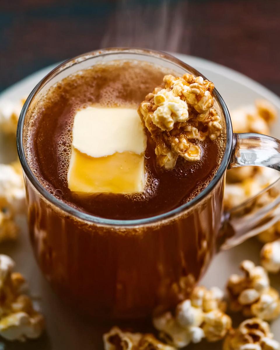 A steaming mug of warm Thanksgiving drink topped with butter and caramel popcorn, part of the Ultimate Thanksgiving Drinks Guide.