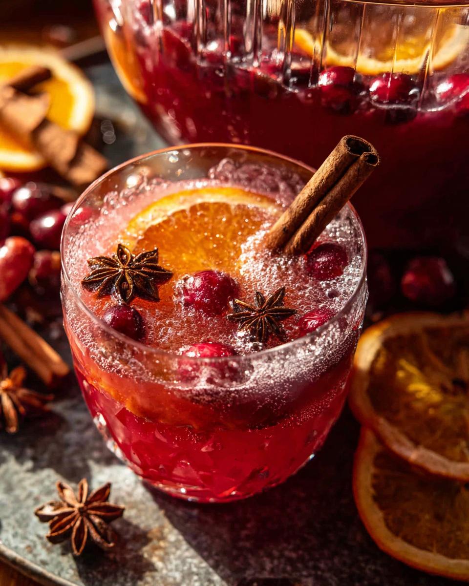 A festive glass of Thanksgiving punch with cranberries, orange slices, star anise, and a cinnamon stick.