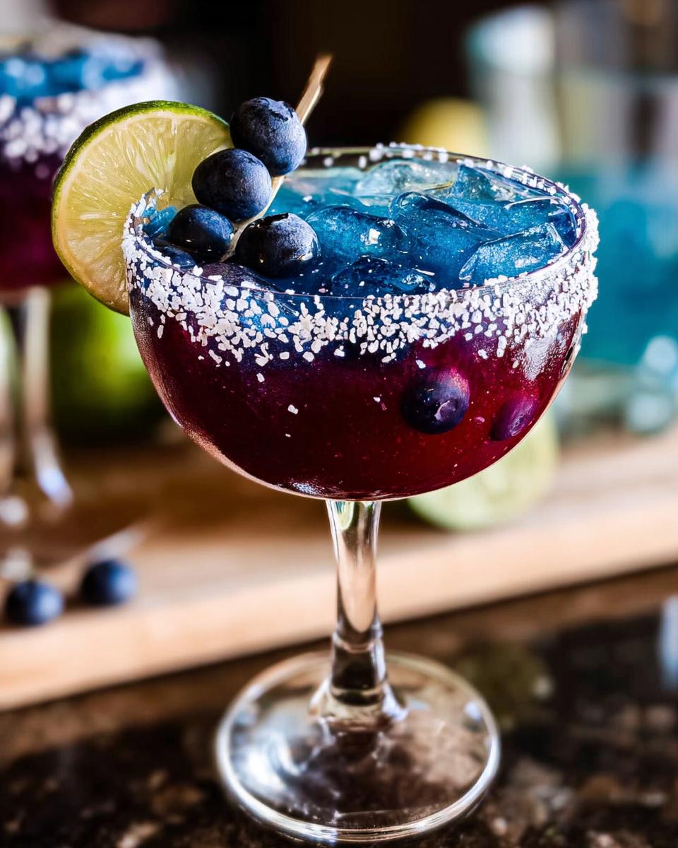 A vibrant blueberry margarita with a salt rim, lime wedge, and fresh blueberries, perfect for Thanksgiving drinks.