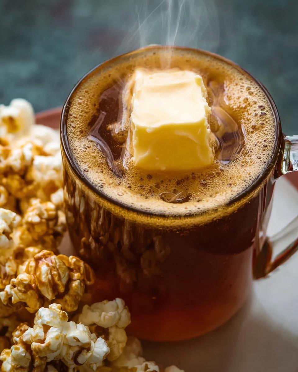A mug of hot coffee with a pat of butter melting on top, steaming gently, next to caramel popcorn. Part of the Ultimate Thanksgiving Drinks Guide.