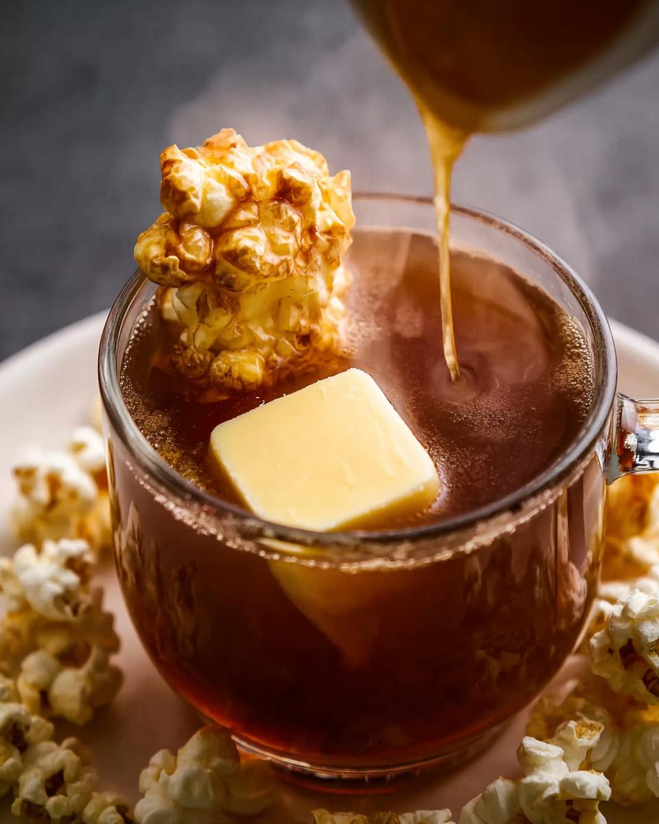 A warm, dark beverage in a glass mug, topped with a pat of butter and caramel popcorn, with more popcorn scattered around.