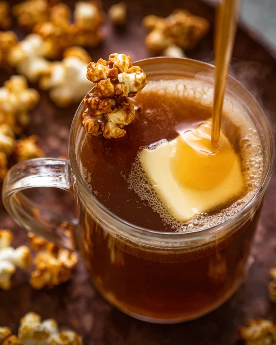 A close-up of a warm drink in a glass mug, topped with butter and caramel popcorn, part of the Ultimate Thanksgiving Drinks Guide.