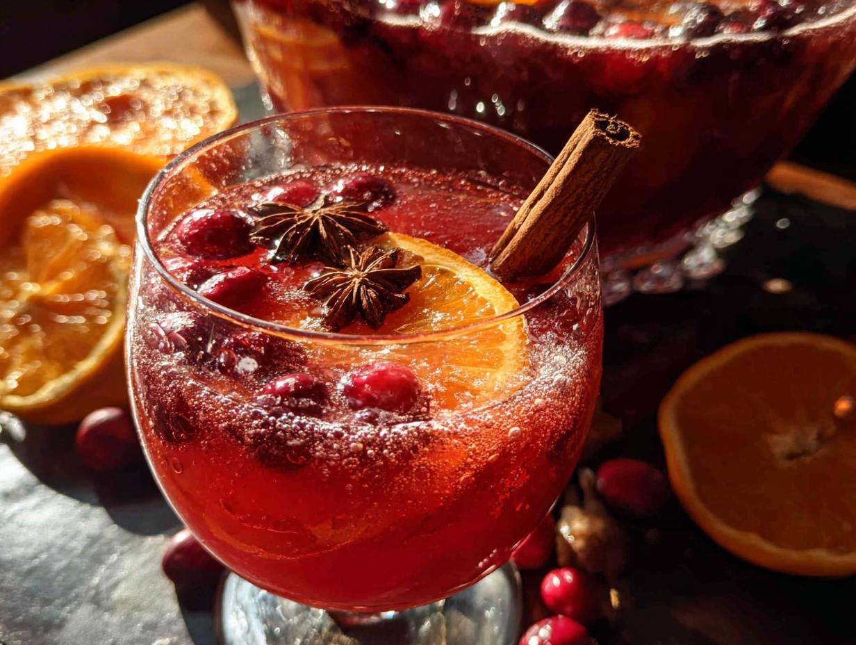 A festive glass of cranberry orange punch with star anise, cinnamon stick, and cranberries, perfect for Thanksgiving drinks.