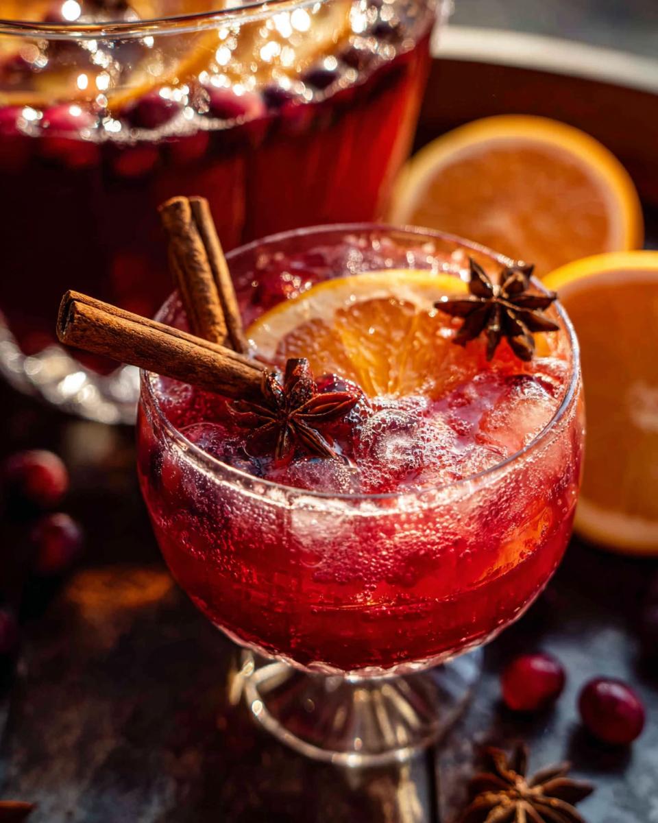 A festive glass of cranberry orange punch with cinnamon sticks, star anise, and orange slices, perfect for Thanksgiving drinks.