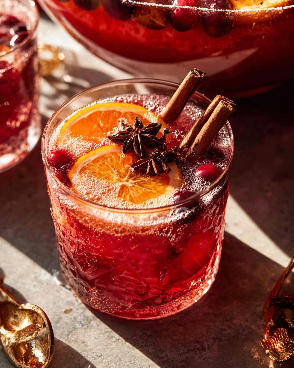 A festive glass of Thanksgiving punch with orange slices, cranberries, cinnamon sticks, and star anise.
