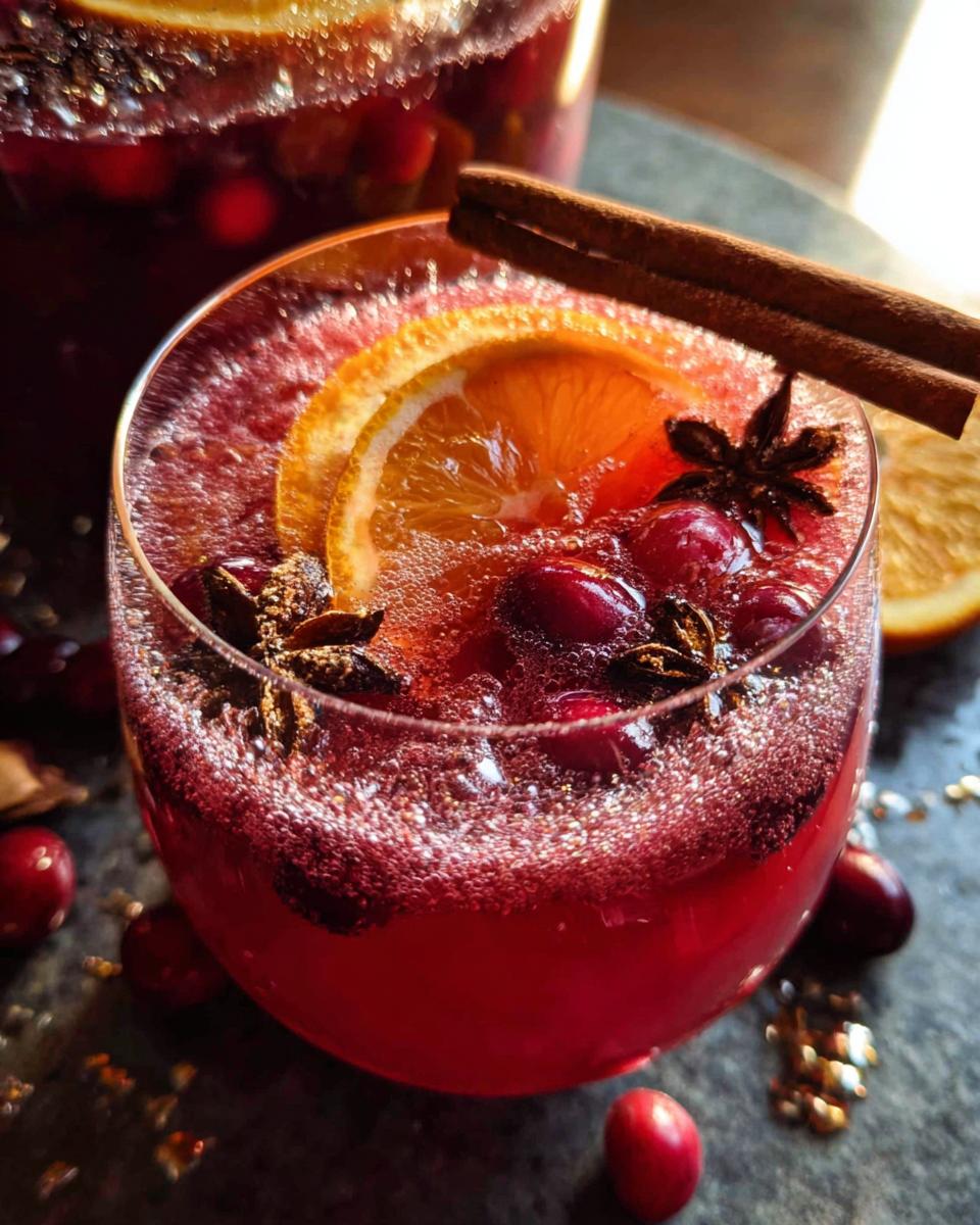 Close-up of a festive Thanksgiving drink, a bubbly cranberry-orange punch garnished with orange slices, cranberries, star anise, and cinnamon sticks.