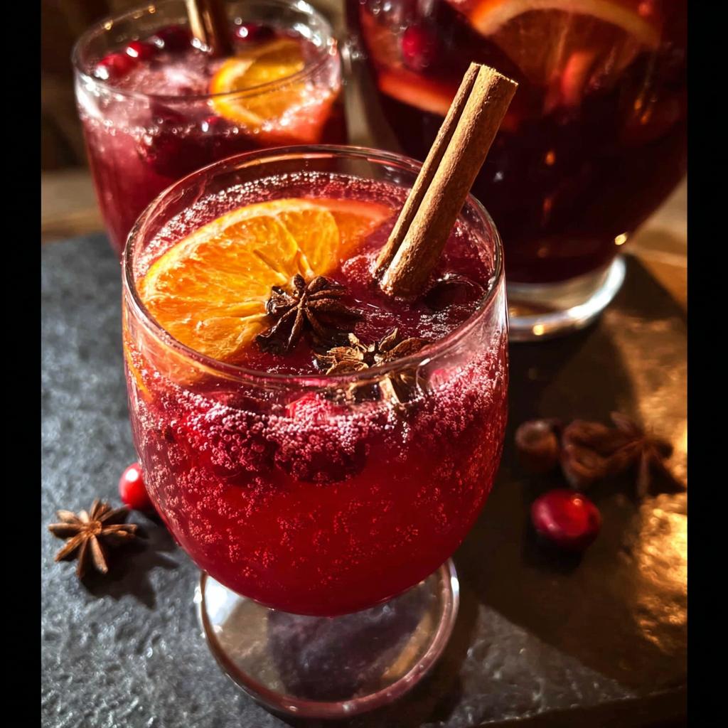 A close-up of a festive Thanksgiving drink with cranberries, orange slice, cinnamon stick, and star anise.