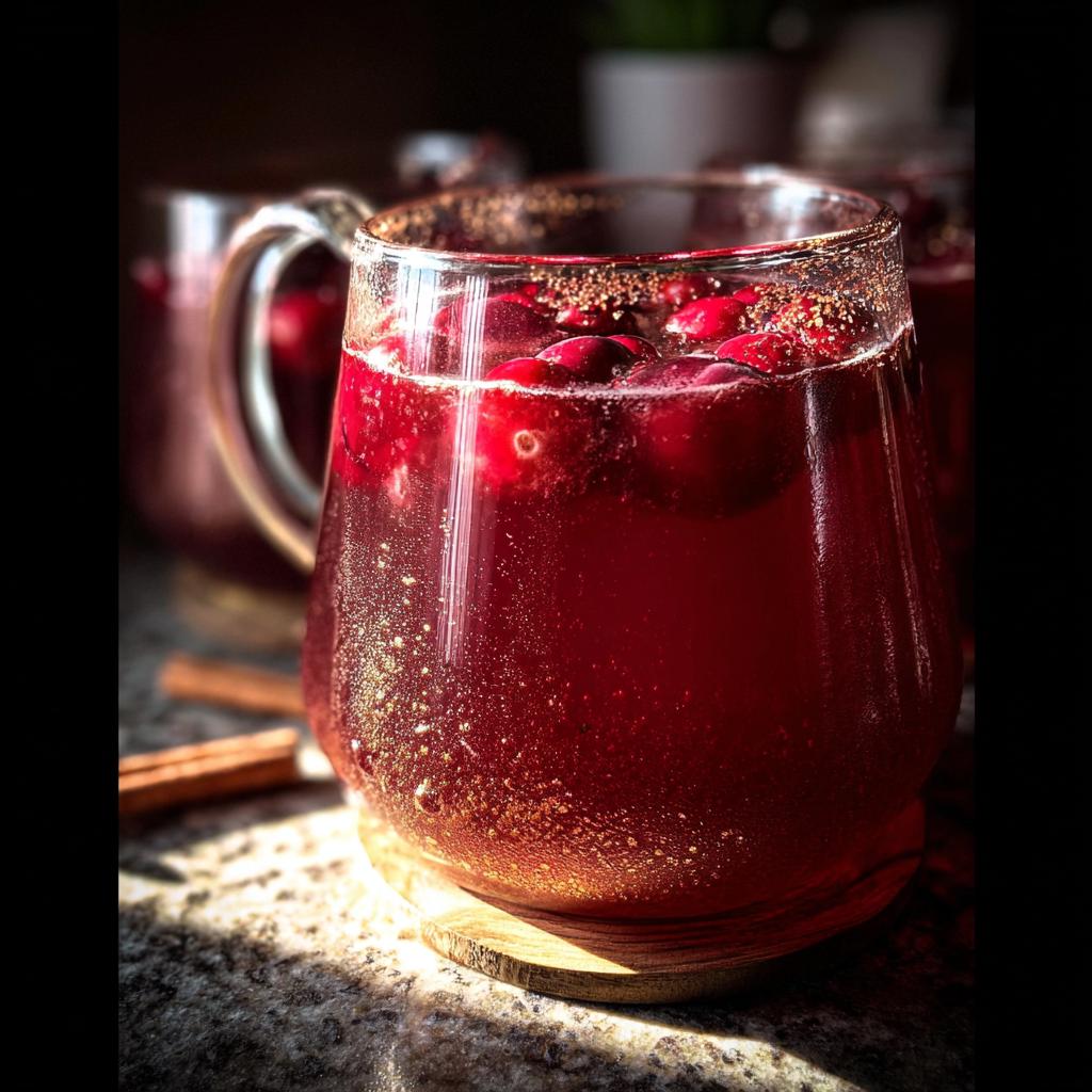 A close-up of a glass of cranberry punch, garnished with cranberries and cinnamon, perfect for Thanksgiving Drinks.