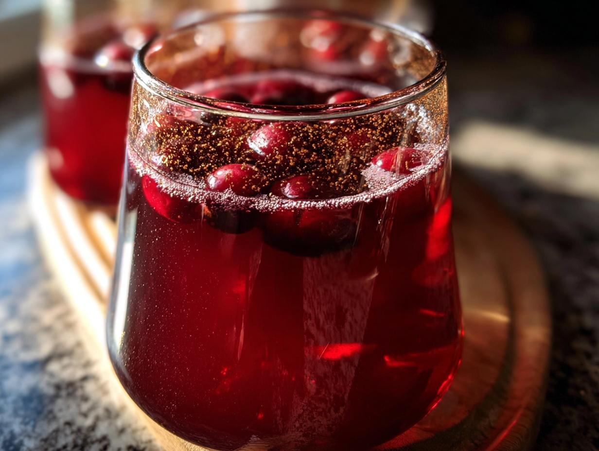 Close-up of a glass filled with a deep red Thanksgiving drink, garnished with fresh cranberries and a sprinkle of spice.
